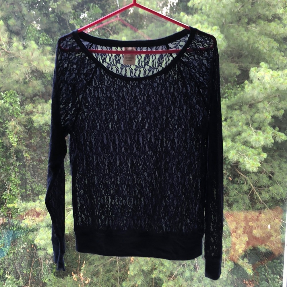 “Pink by VS” Navy Blue Lace Long Sleeve Tee